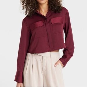 Burgandy Cropped Satin Long Sleeve Button Down - Target